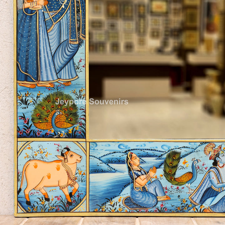 Blue Radha Krishna Wooden Jharokha Wall Mirror with Cow &amp; Peacock Motifs