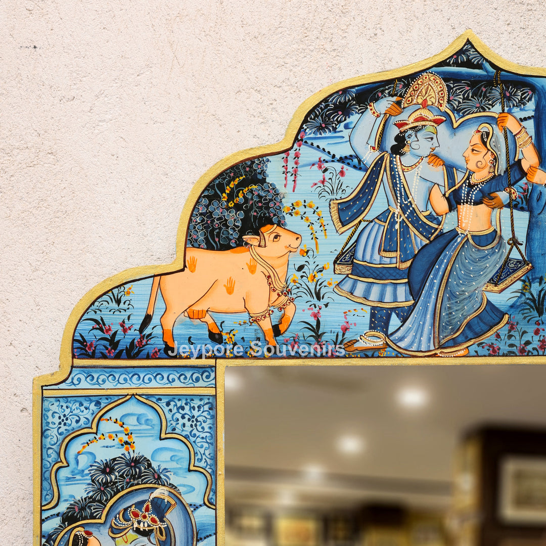 Blue Radha Krishna Wooden Jharokha Wall Mirror with Cow &amp; Peacock Motifs