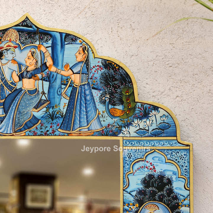 Blue Radha Krishna Wooden Jharokha Wall Mirror with Cow &amp; Peacock Motifs