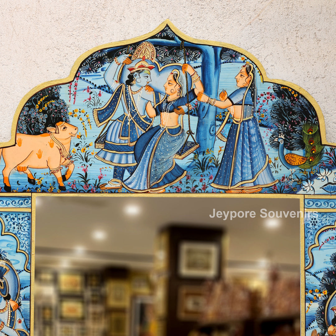 Blue Radha Krishna Wooden Jharokha Wall Mirror with Cow &amp; Peacock Motifs