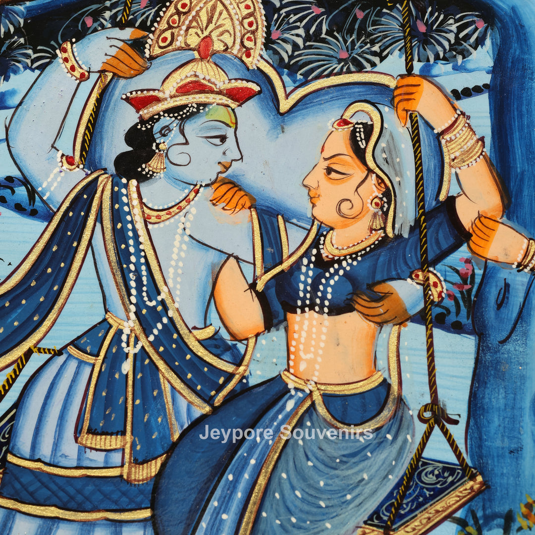 Blue Radha Krishna Wooden Jharokha Wall Mirror with Cow &amp; Peacock Motifs