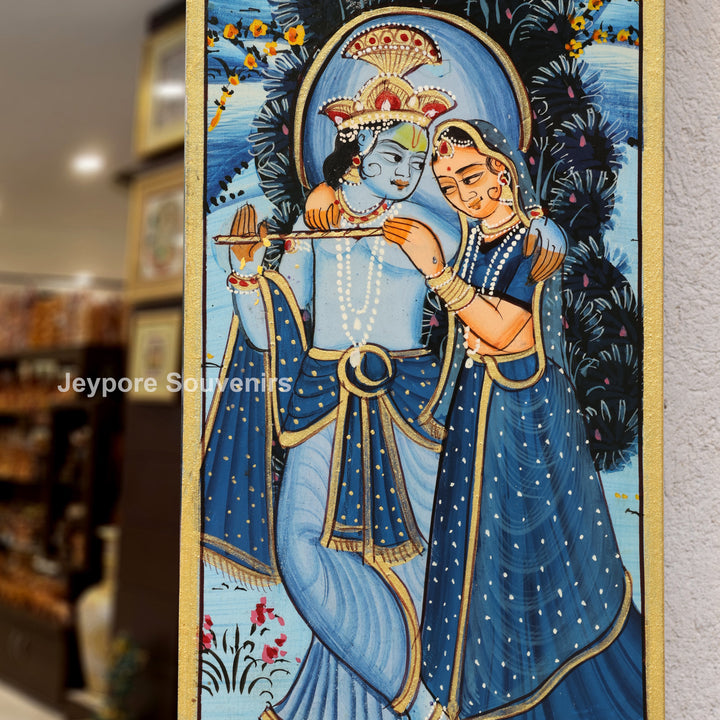 Blue Radha Krishna Wooden Jharokha Wall Mirror with Cow &amp; Peacock Motifs