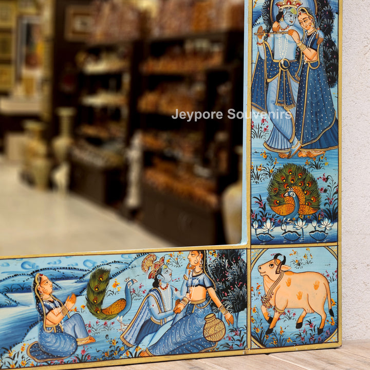 Blue Radha Krishna Wooden Jharokha Wall Mirror with Cow &amp; Peacock Motifs