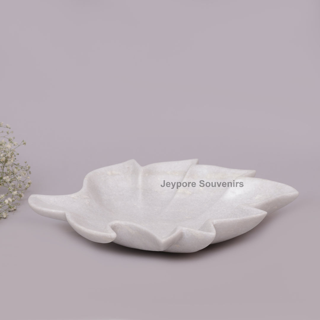 Handcrafted White Marble Leaf-Shaped Decorative Urli Bowl