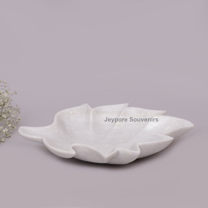 Handcrafted White Marble Leaf-Shaped Decorative Urli Bowl