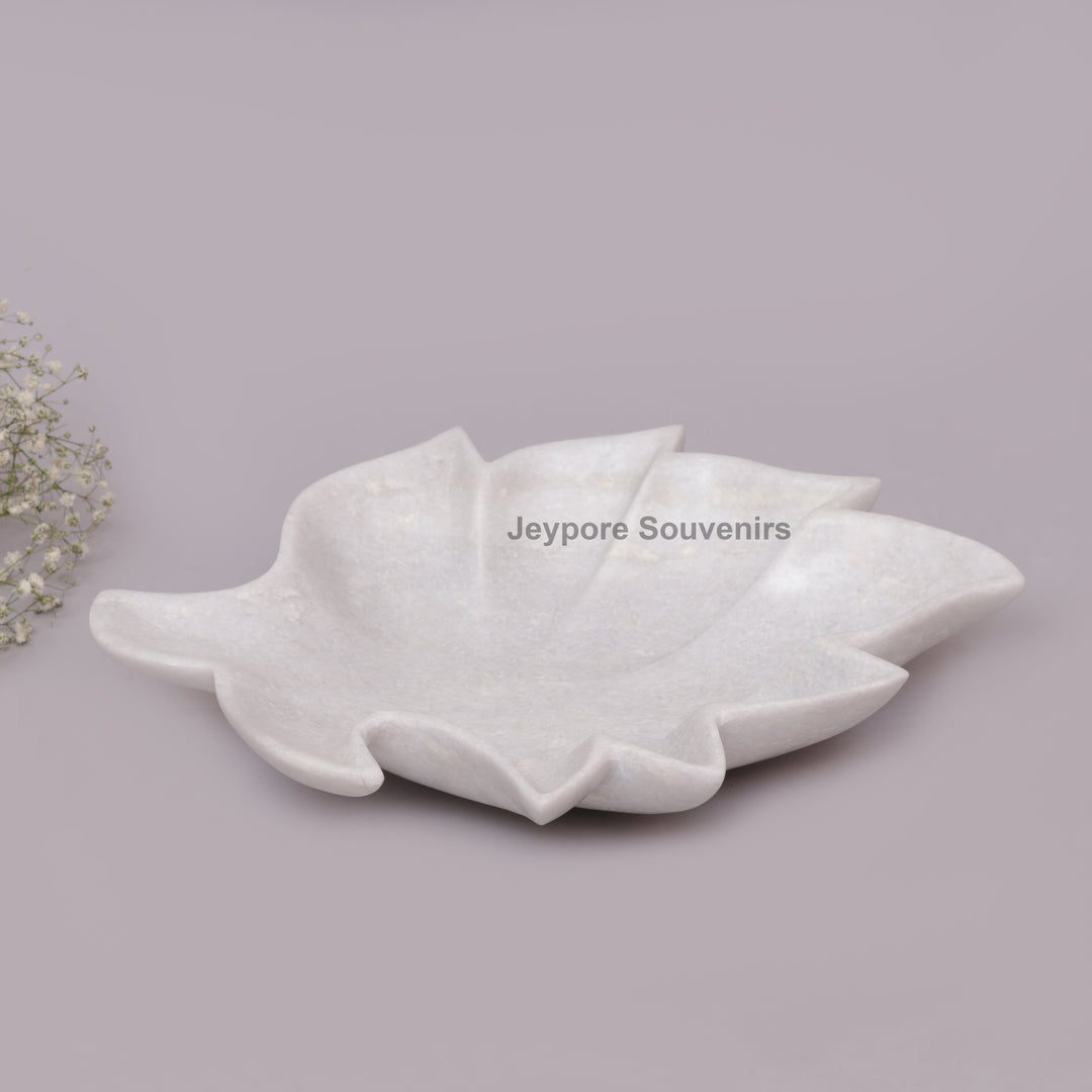 Handcrafted White Marble Leaf-Shaped Decorative Urli Bowl
