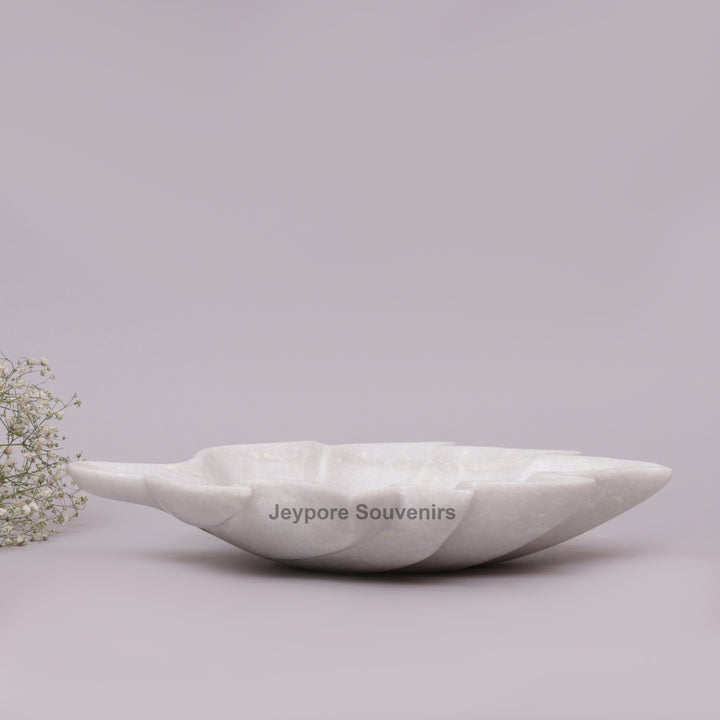 Handcrafted White Marble Leaf-Shaped Decorative Urli Bowl