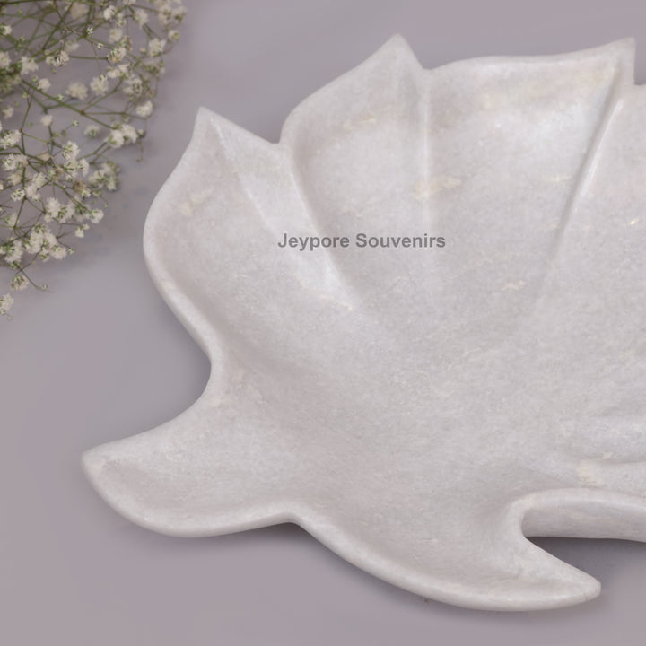 Handcrafted White Marble Leaf-Shaped Decorative Urli Bowl