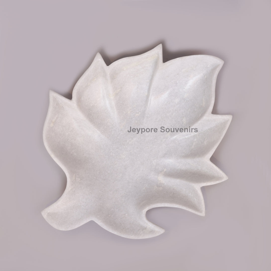 Handcrafted White Marble Leaf-Shaped Decorative Urli Bowl