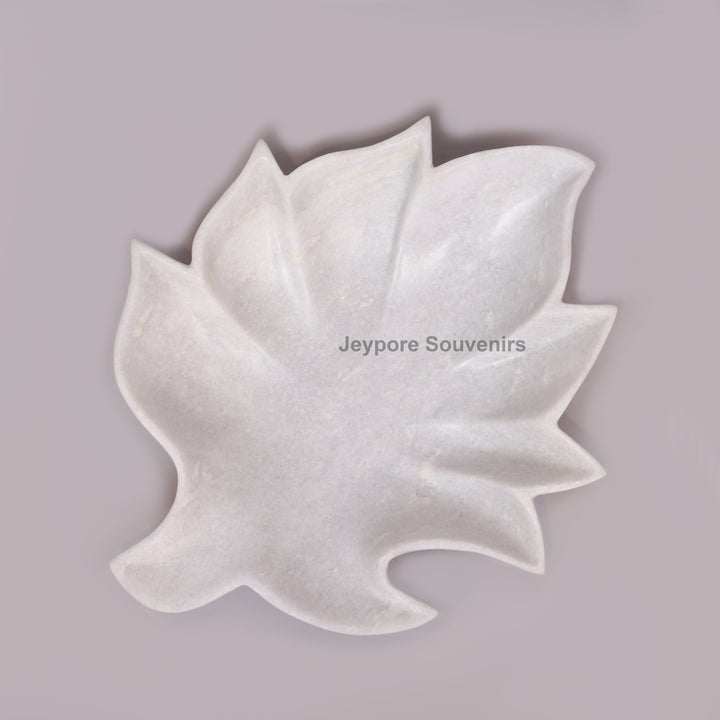Handcrafted White Marble Leaf-Shaped Decorative Urli Bowl