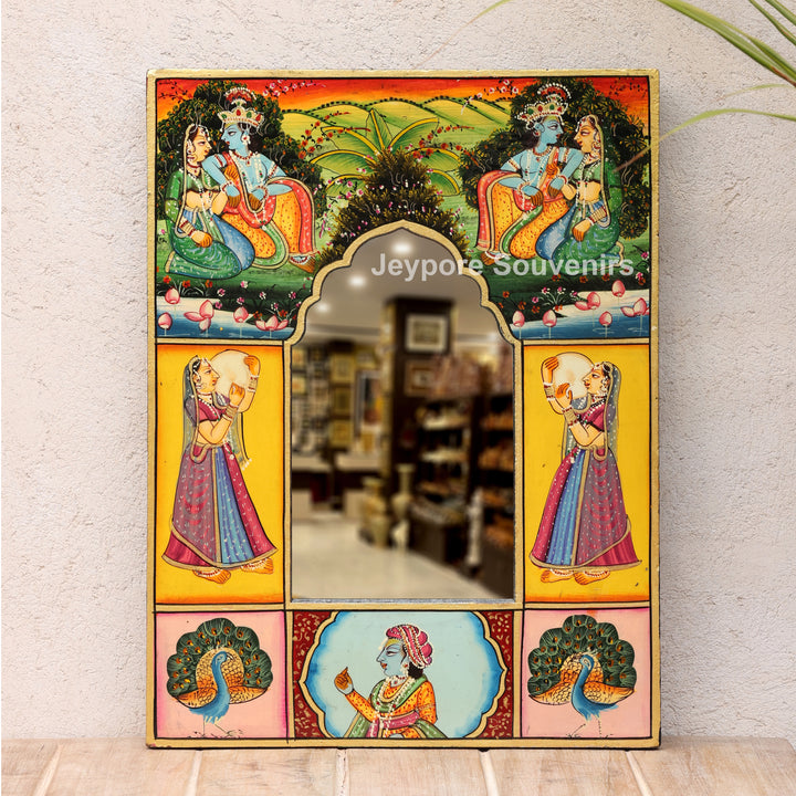 Hand-Painted Pichwai Radha Krishna Wooden Jharokha Wall Mirror