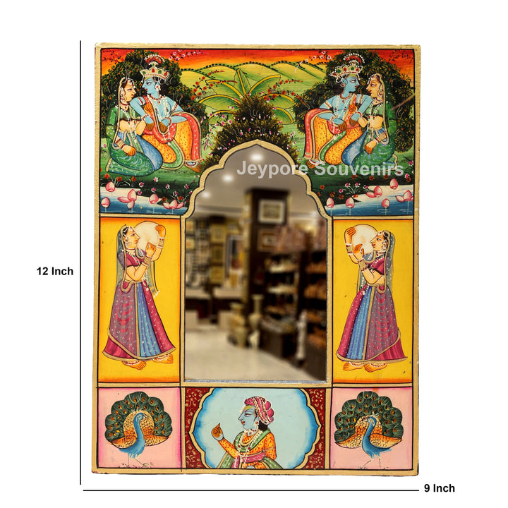 Hand-Painted Pichwai Radha Krishna Wooden Jharokha Wall Mirror
