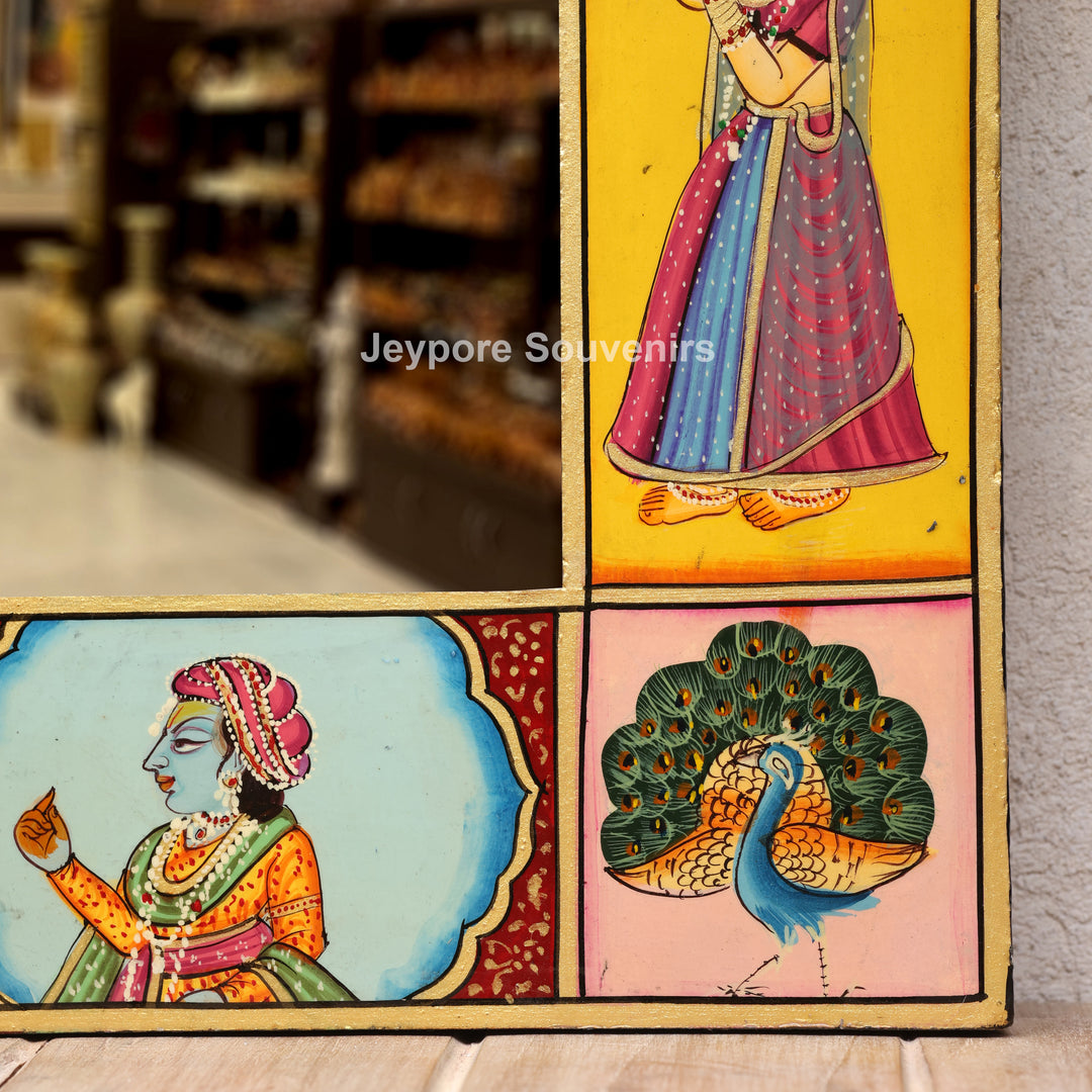 Hand-Painted Pichwai Radha Krishna Wooden Jharokha Wall Mirror