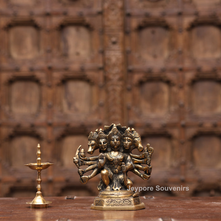 7" Handcrafted Brass Panchmukhi Hanuman Statue with Antique Finish
