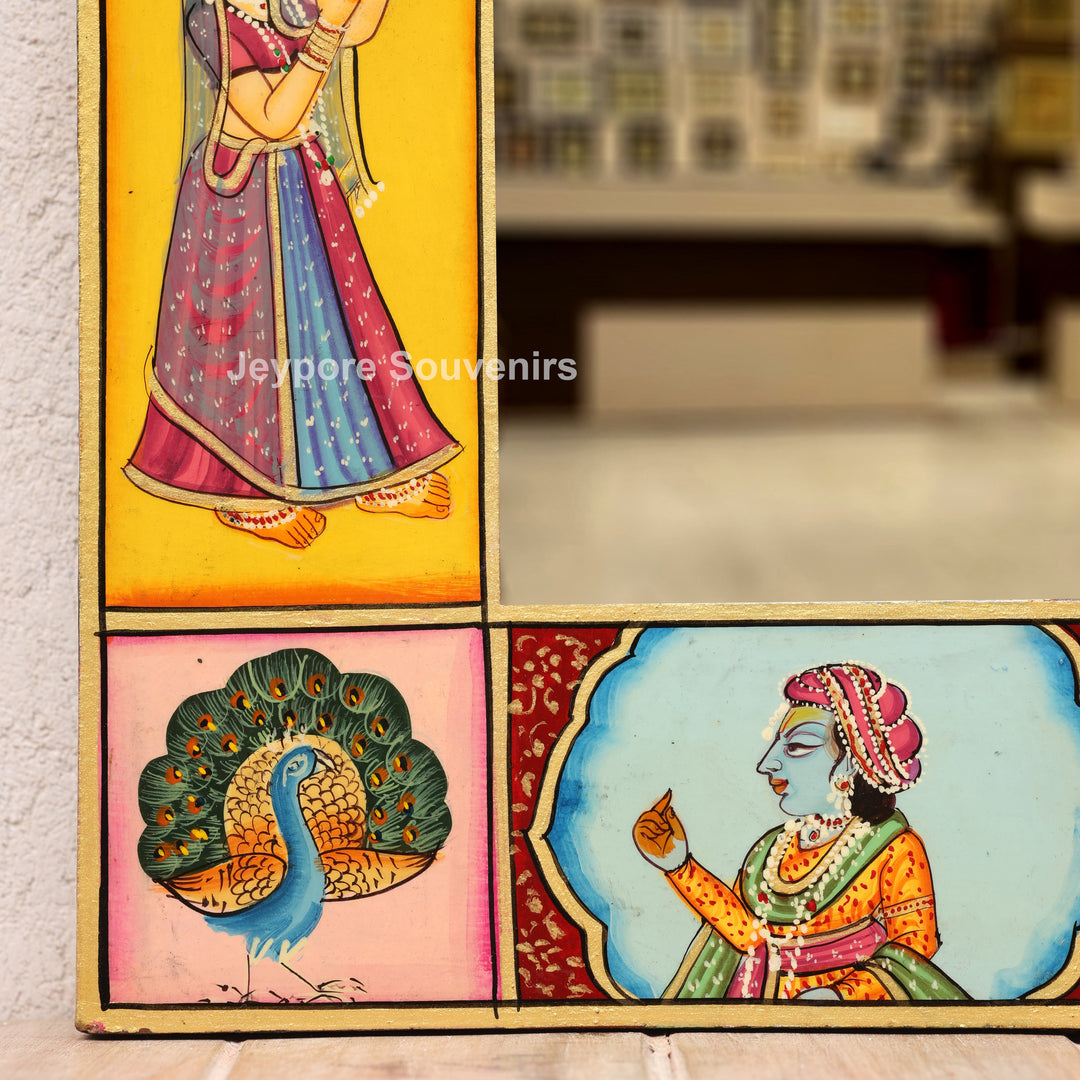 Hand-Painted Pichwai Radha Krishna Wooden Jharokha Wall Mirror