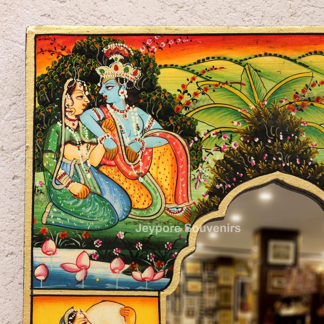 Hand-Painted Pichwai Radha Krishna Wooden Jharokha Wall Mirror
