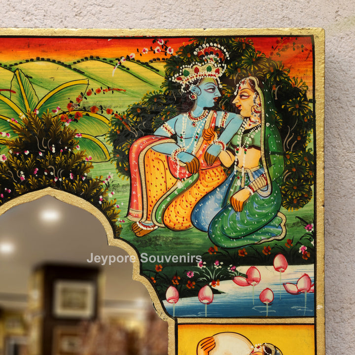 Hand-Painted Pichwai Radha Krishna Wooden Jharokha Wall Mirror