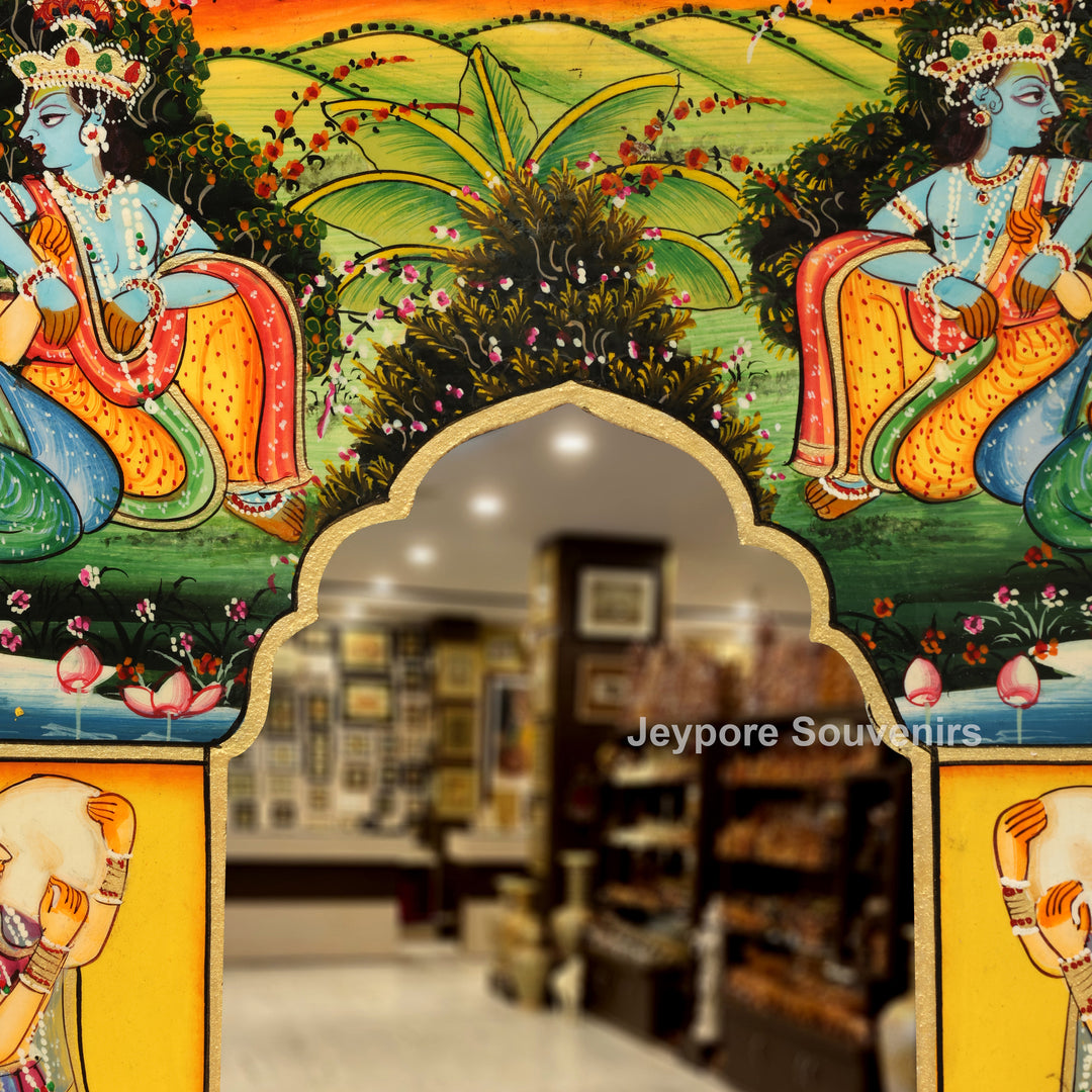 Hand-Painted Pichwai Radha Krishna Wooden Jharokha Wall Mirror