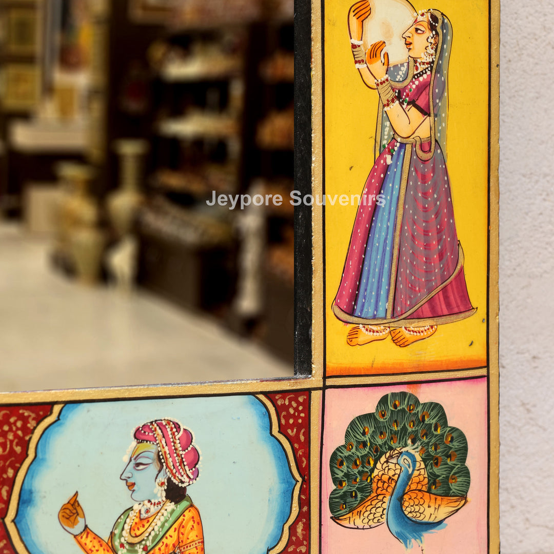 Hand-Painted Pichwai Radha Krishna Wooden Jharokha Wall Mirror