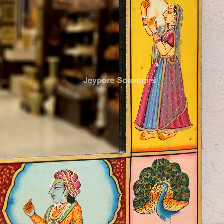 Hand-Painted Pichwai Radha Krishna Wooden Jharokha Wall Mirror