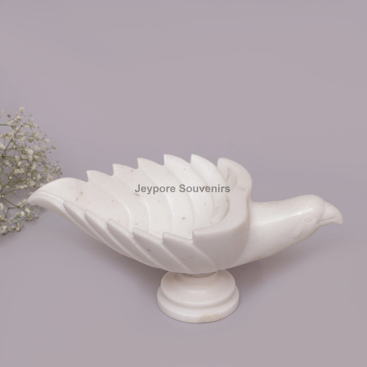 Handcrafted White Marble Leaf-Shaped Decorative Bowl with Bird Accent