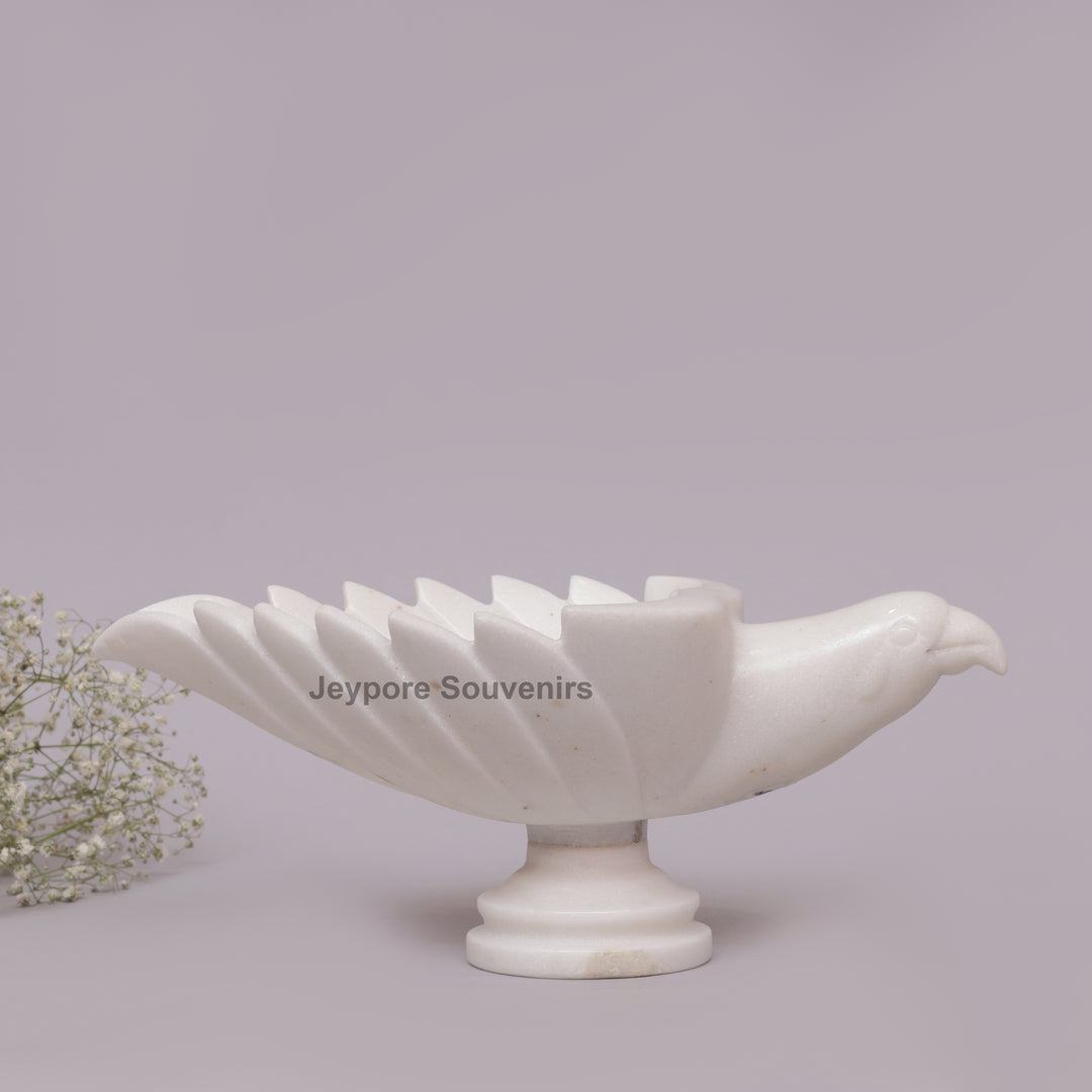 Handcrafted White Marble Leaf-Shaped Decorative Bowl with Bird Accent