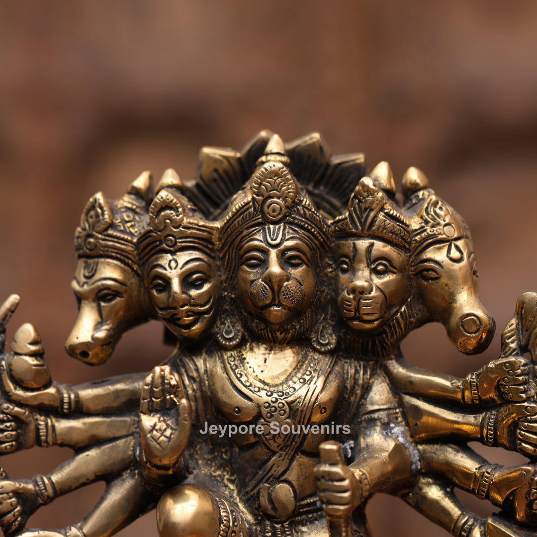 7" Handcrafted Brass Panchmukhi Hanuman Statue with Antique Finish
