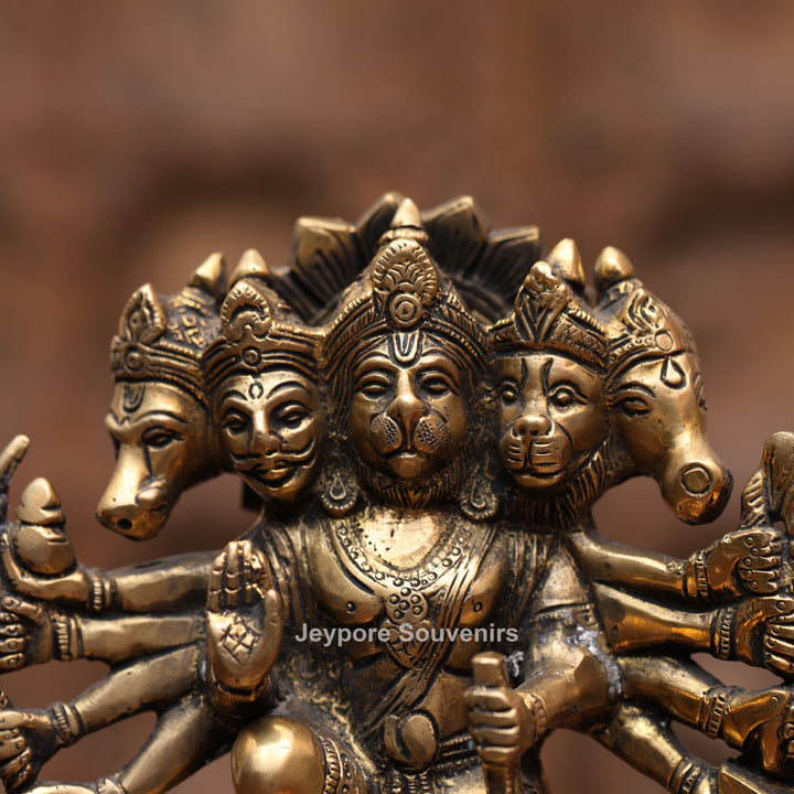 7" Handcrafted Brass Panchmukhi Hanuman Statue with Antique Finish