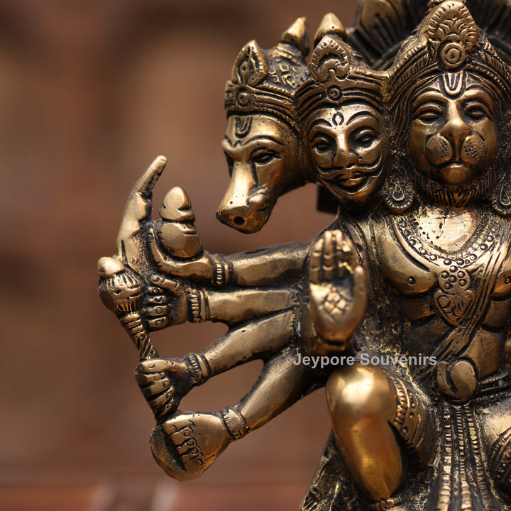 7" Handcrafted Brass Panchmukhi Hanuman Statue with Antique Finish