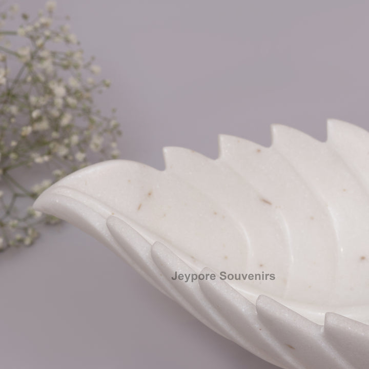 Handcrafted White Marble Leaf-Shaped Decorative Bowl with Bird Accent