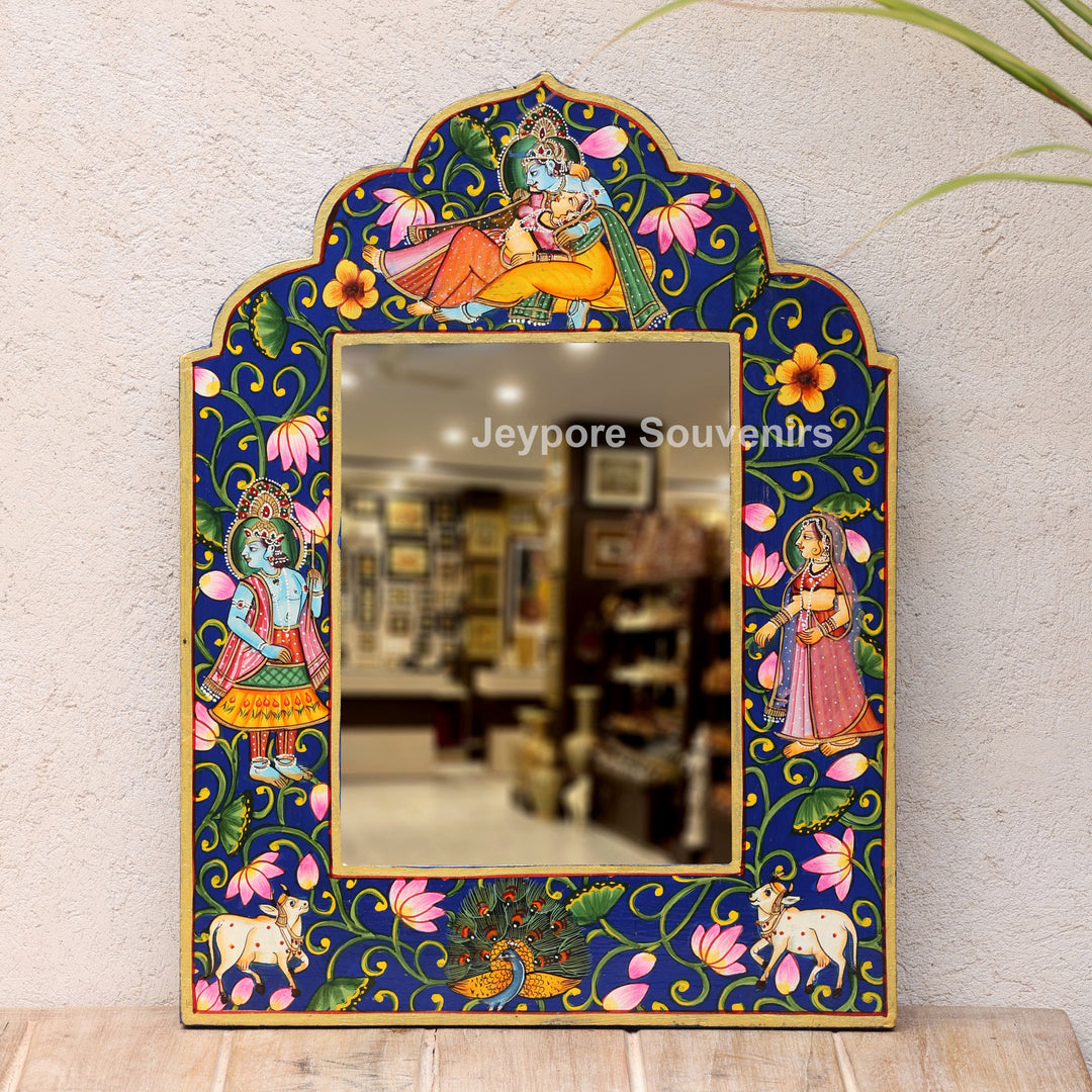 Hand-Painted Blue Pichwai Radha Krishna Wooden Jharokha Wall Mirror