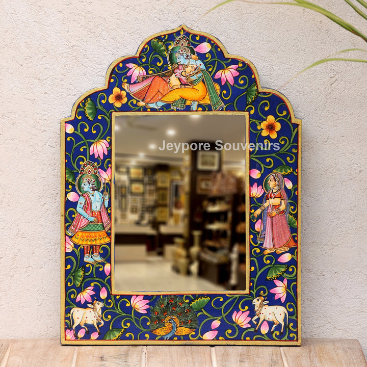 Hand-Painted Blue Pichwai Radha Krishna Wooden Jharokha Wall Mirror