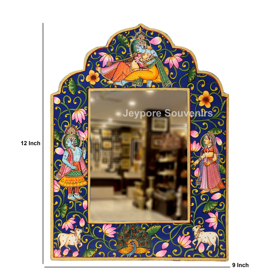 Hand-Painted Blue Pichwai Radha Krishna Wooden Jharokha Wall Mirror