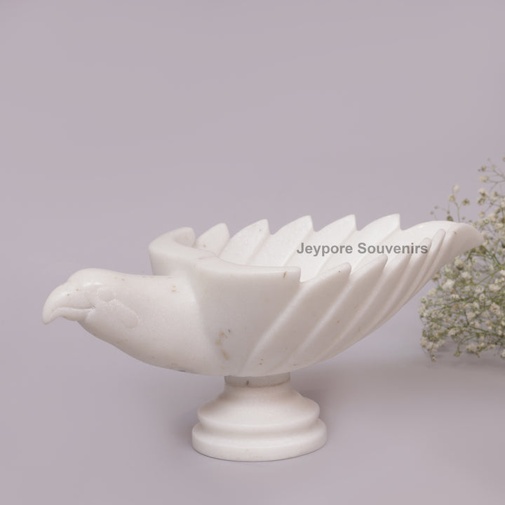 Handcrafted White Marble Leaf-Shaped Decorative Bowl with Bird Accent