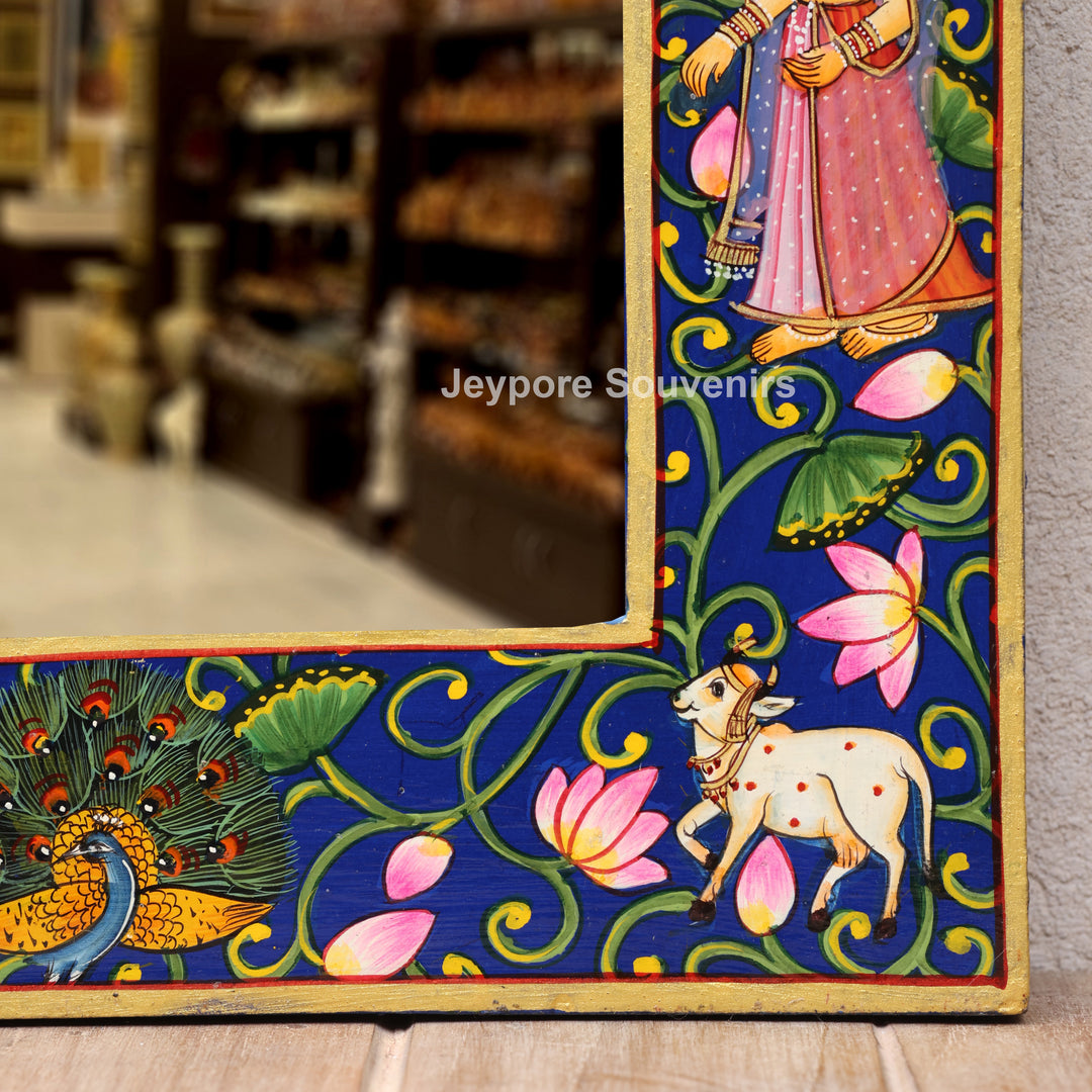 Hand-Painted Blue Pichwai Radha Krishna Wooden Jharokha Wall Mirror