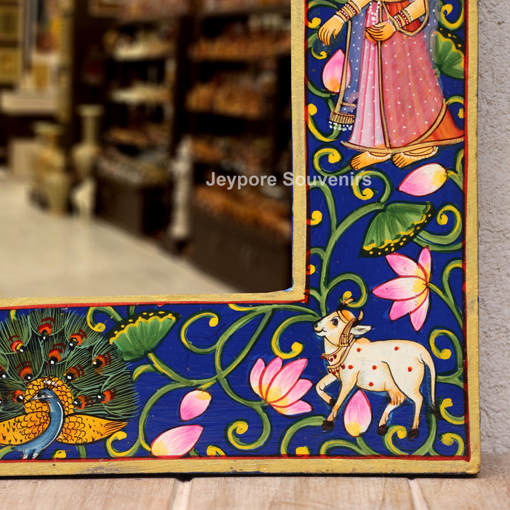Hand-Painted Blue Pichwai Radha Krishna Wooden Jharokha Wall Mirror
