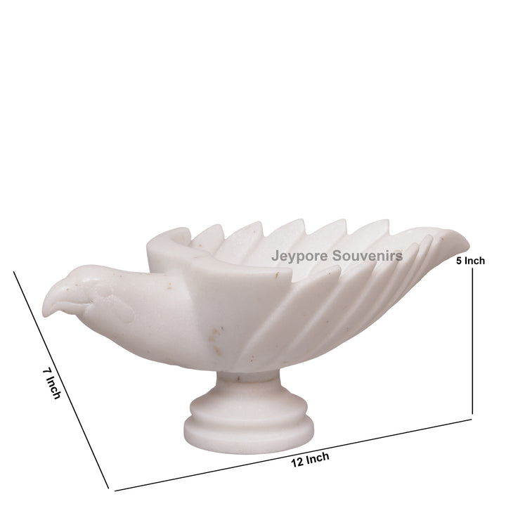 Handcrafted White Marble Leaf-Shaped Decorative Bowl with Bird Accent