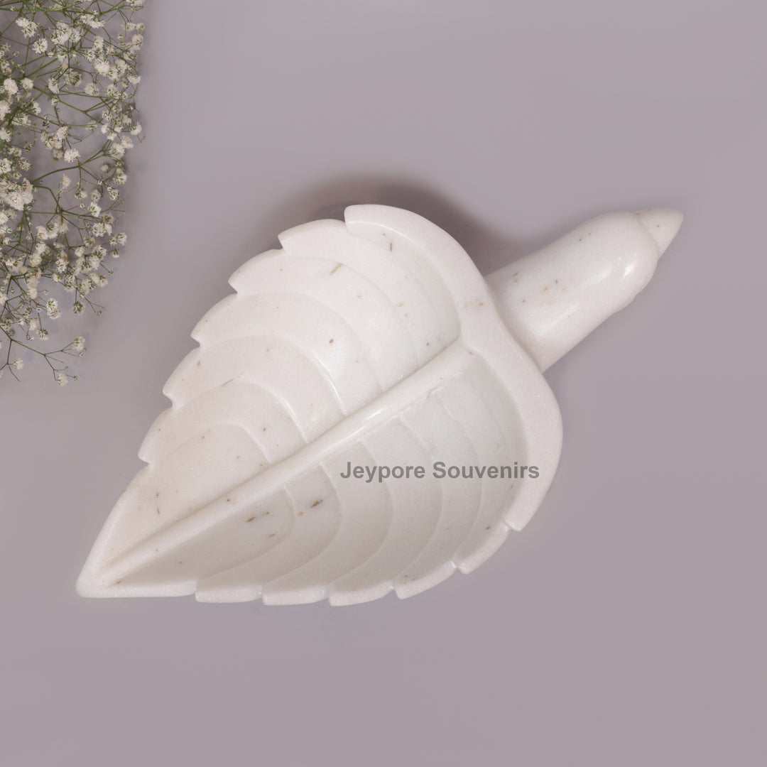 Handcrafted White Marble Leaf-Shaped Decorative Bowl with Bird Accent