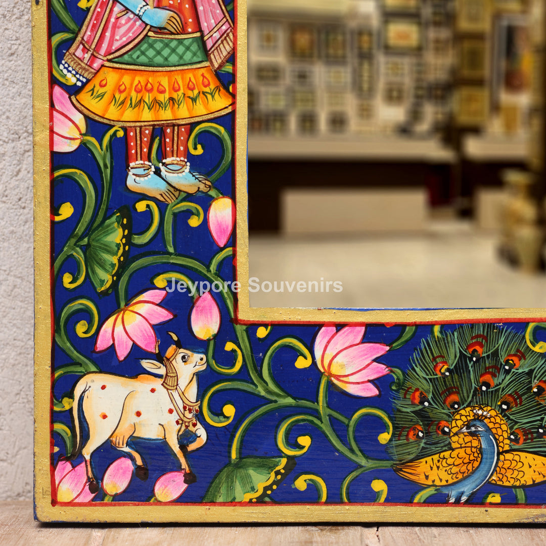 Hand-Painted Blue Pichwai Radha Krishna Wooden Jharokha Wall Mirror