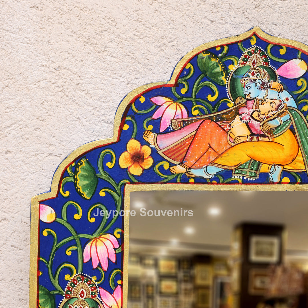 Hand-Painted Blue Pichwai Radha Krishna Wooden Jharokha Wall Mirror