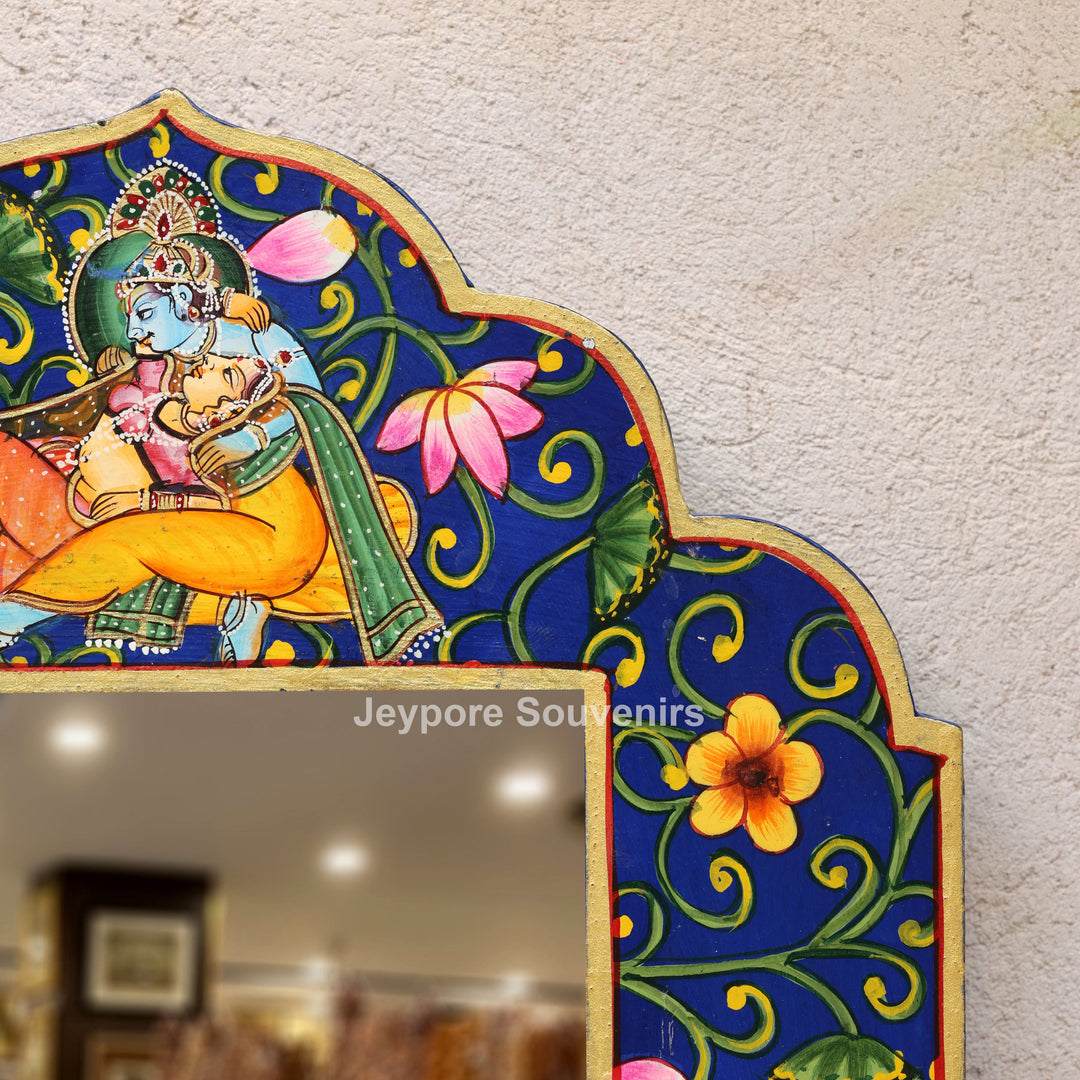 Hand-Painted Blue Pichwai Radha Krishna Wooden Jharokha Wall Mirror