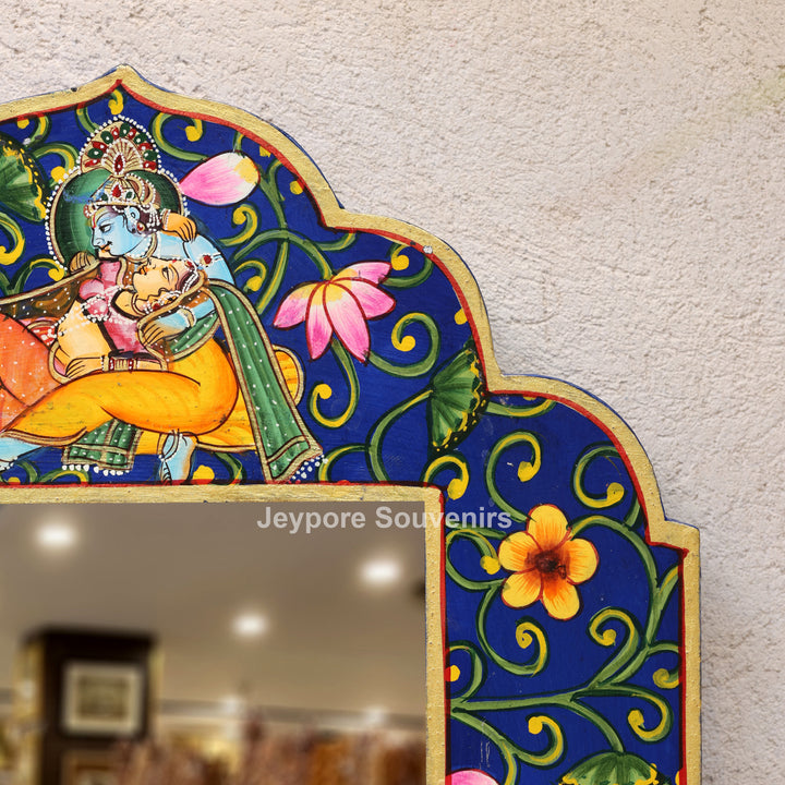 Hand-Painted Blue Pichwai Radha Krishna Wooden Jharokha Wall Mirror