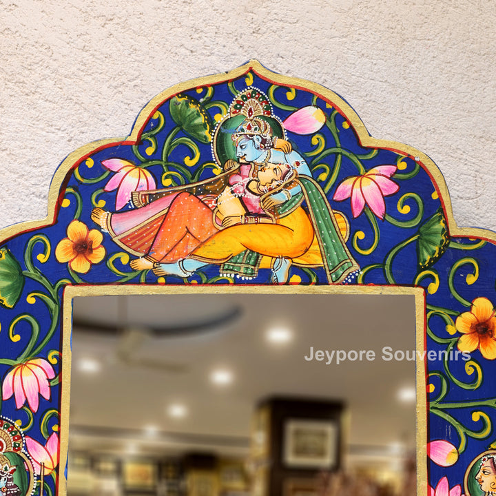 Hand-Painted Blue Pichwai Radha Krishna Wooden Jharokha Wall Mirror