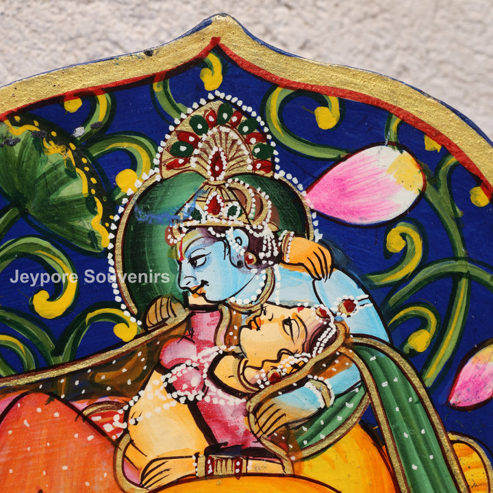 Hand-Painted Blue Pichwai Radha Krishna Wooden Jharokha Wall Mirror