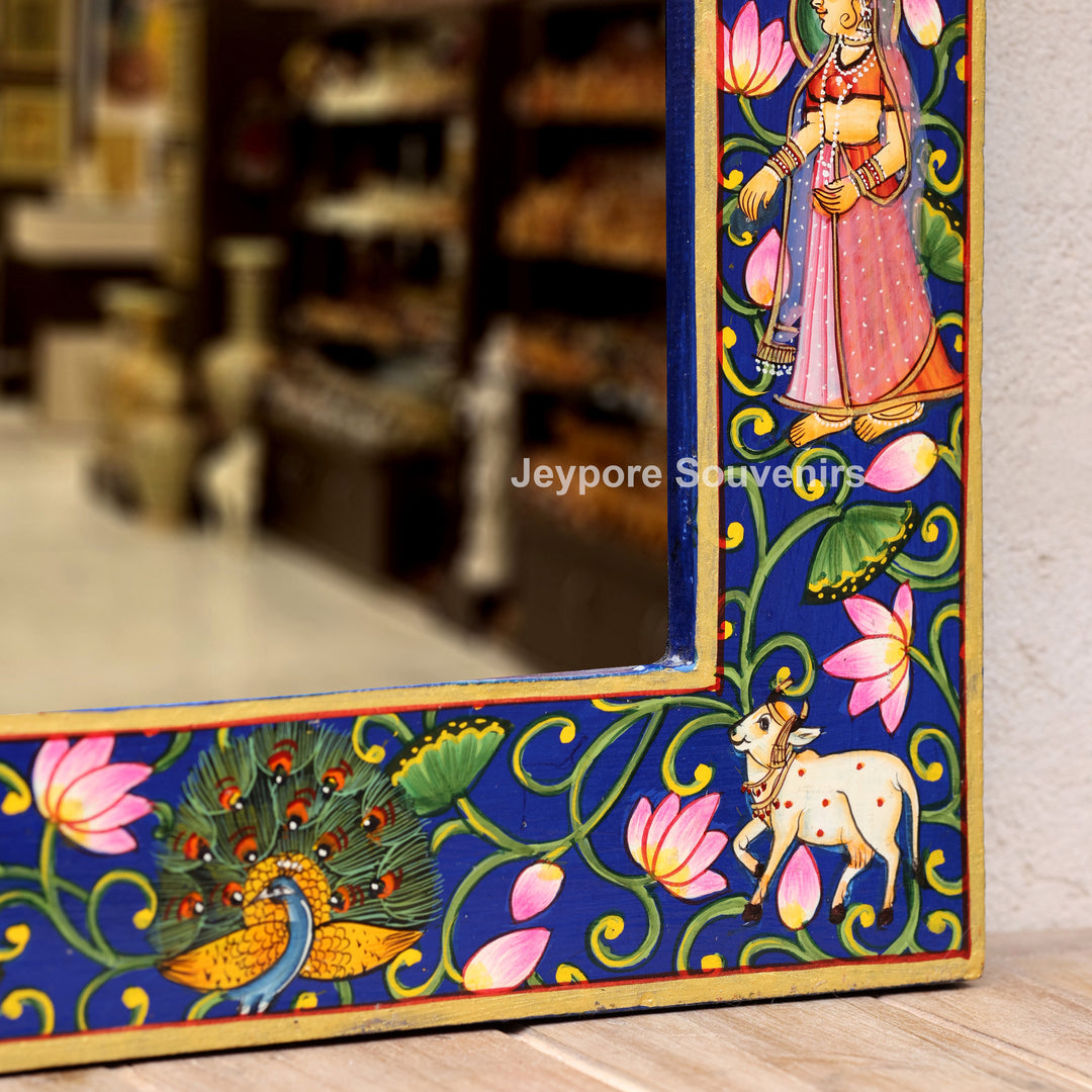Hand-Painted Blue Pichwai Radha Krishna Wooden Jharokha Wall Mirror