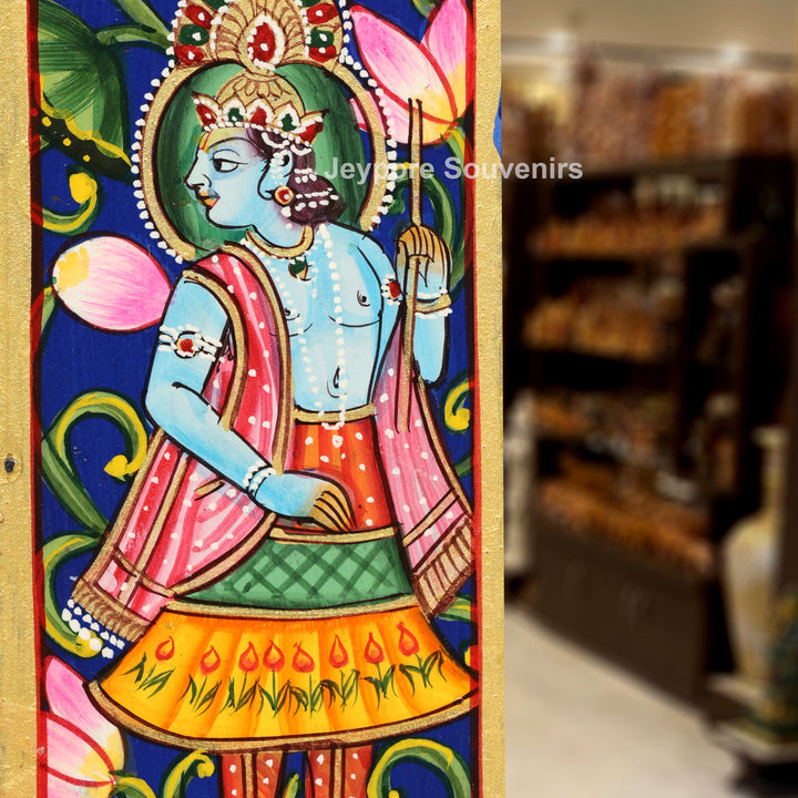 Hand-Painted Blue Pichwai Radha Krishna Wooden Jharokha Wall Mirror