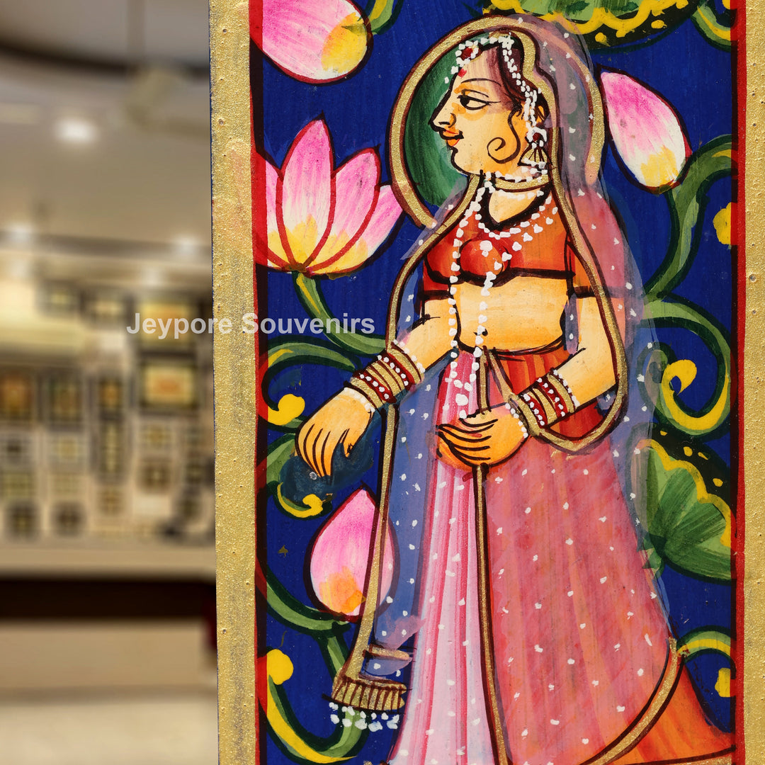 Hand-Painted Blue Pichwai Radha Krishna Wooden Jharokha Wall Mirror