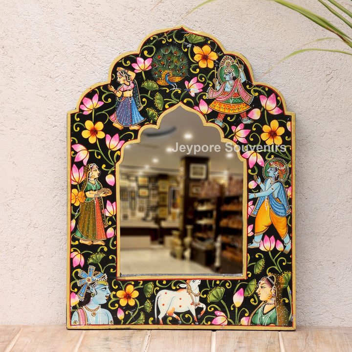 Hand-Painted Black Pichwai Radha Krishna Wooden Jharokha Wall Mirror
