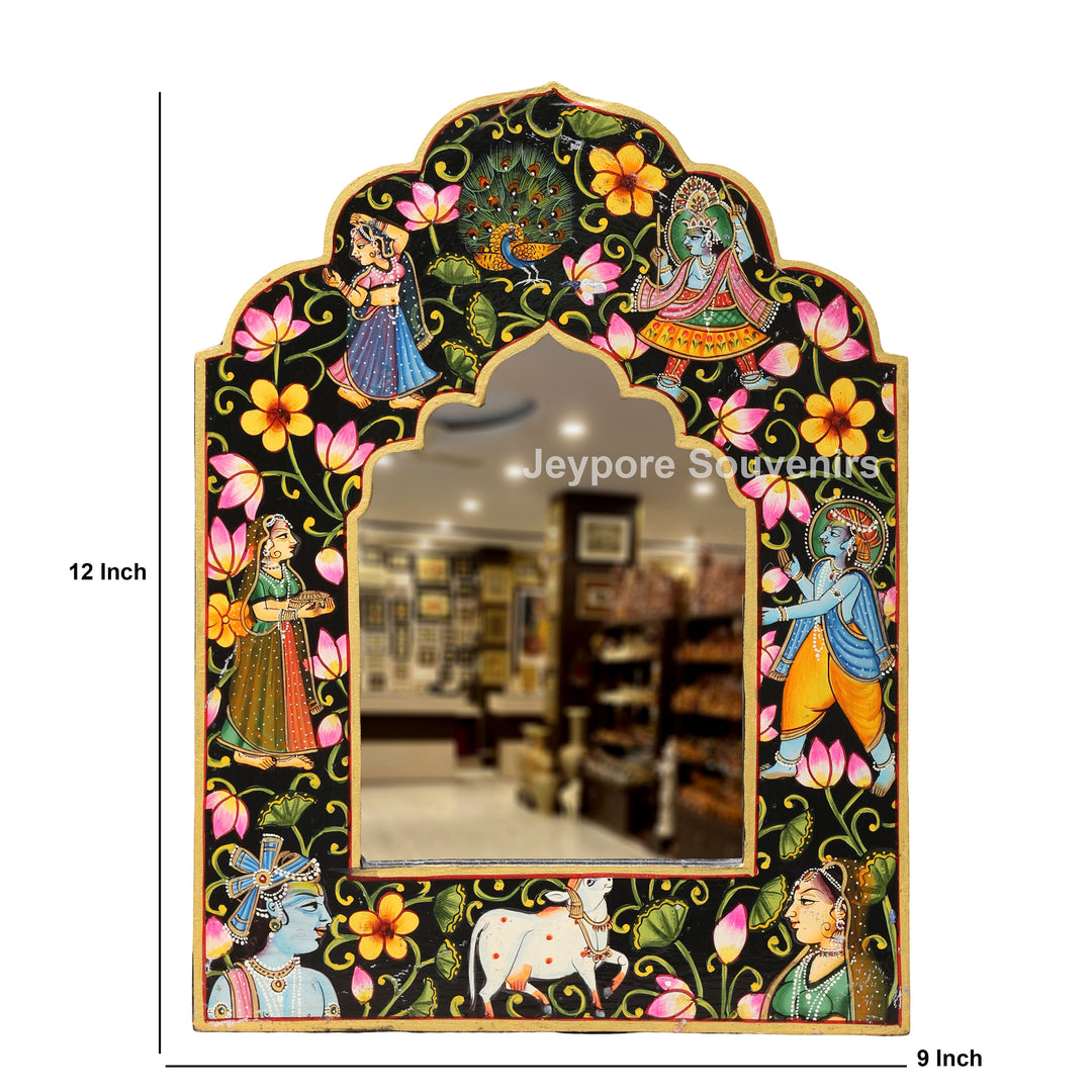 Hand-Painted Black Pichwai Radha Krishna Wooden Jharokha Wall Mirror