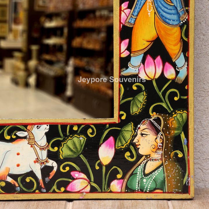 Hand-Painted Black Pichwai Radha Krishna Wooden Jharokha Wall Mirror